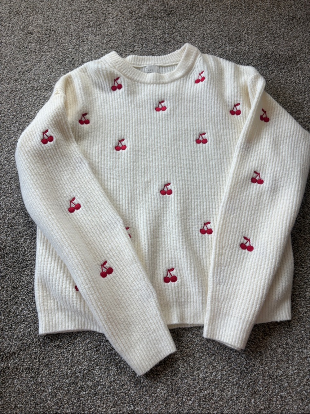 Cream Cherry-Embroidered Crewneck Sweater